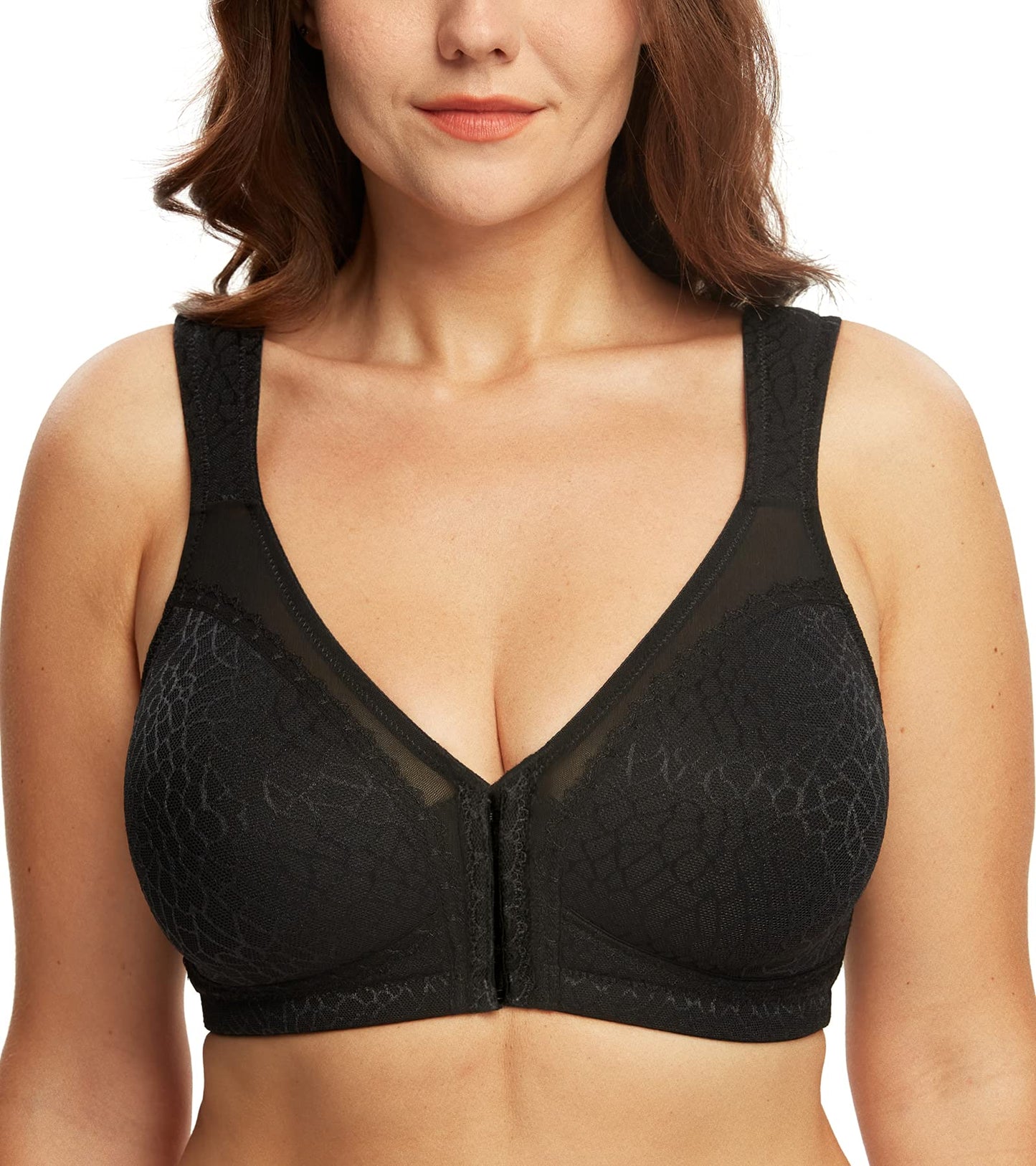 DotVol Women's Full Figure Front Closure Wirefree Jacquard Back Support Posture Bra(Black,44DDD)