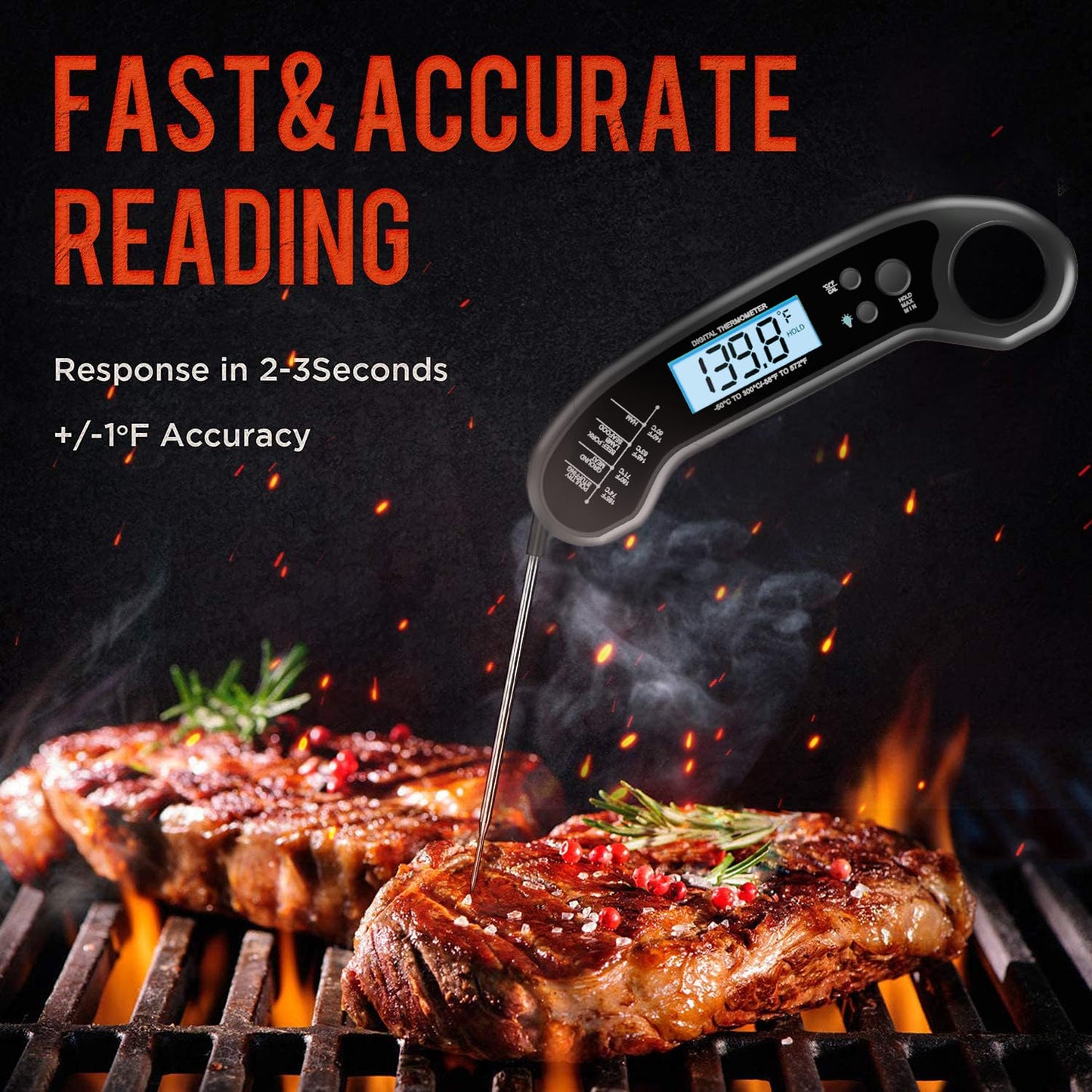 Meat Thermometer Digital, Instant Read Meat Thermometer for Grill and Cooking, Waterproof Food Thermometer for Kitchen and Outside, BBQ, Turkey, Candy, Liquids, Beef