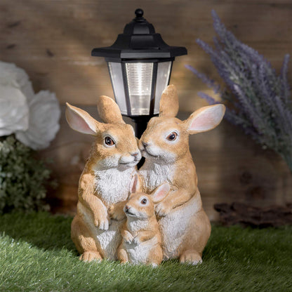 GloBrite Solar Rabbit Family with Lantern Post Light – Resin Garden Ornaments Outdoor Use - Solar Garden Lights for Yard, Patio, Lawn– Charming Animal Figurines