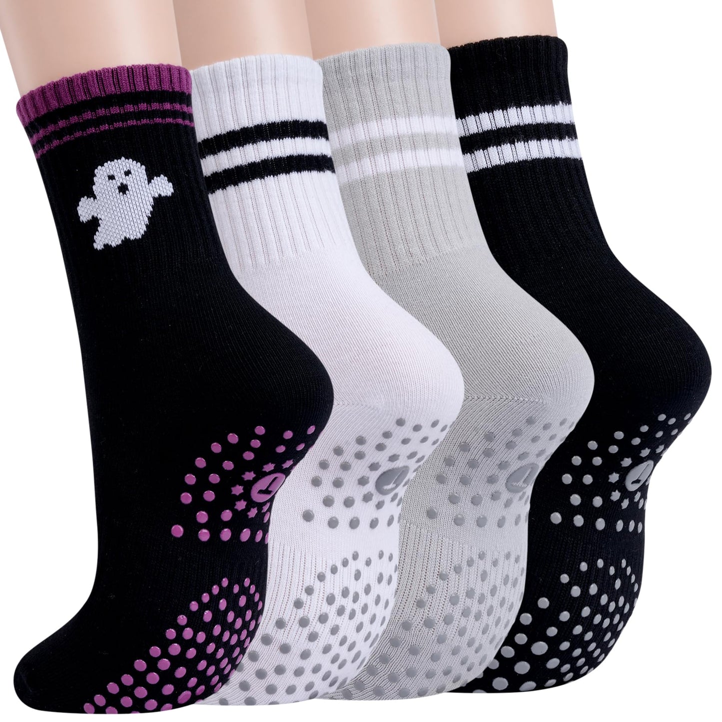 Toes Home Pilates Socks for Women, Halloween Gifts Yoga Crew Non Slip Grippy Socks for Barre Hospital Sticky Slippers 4 Pairs