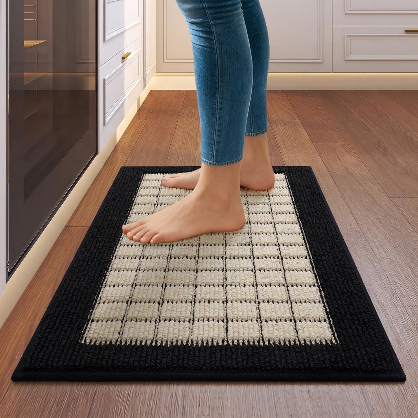 QiCaiJia Kitchen Mats for Floor 17"x30", Non-Slip Washable Kitchen Rugs, Absorbent and Stain Resistant Kitchen Rug, Durable Comfortable Rugs for Kitchen, Hallway, Laundry & Sink, Black
