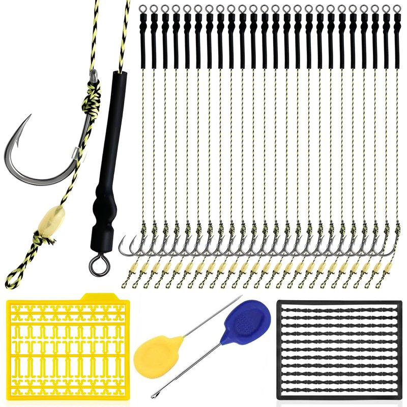 YOTO Carp Rig Set – 24Pcs High Carbon Steel Curved Barbed Hooks with Swivel, Hair Rig Design for Boilie Fishing, Braided Line Fishing Equipment, Size #6