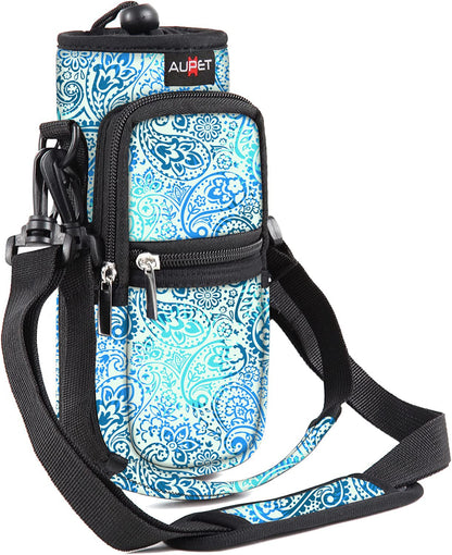 AUPET Water Bottle Sling Bag Sleeve Holder Carrier 25/32/40/64 oz,Insulated Crossbody Water Bottle Case Cover with Strap and Pockets for Men/Women Walking Hiking Camping (25oz, blue feather)