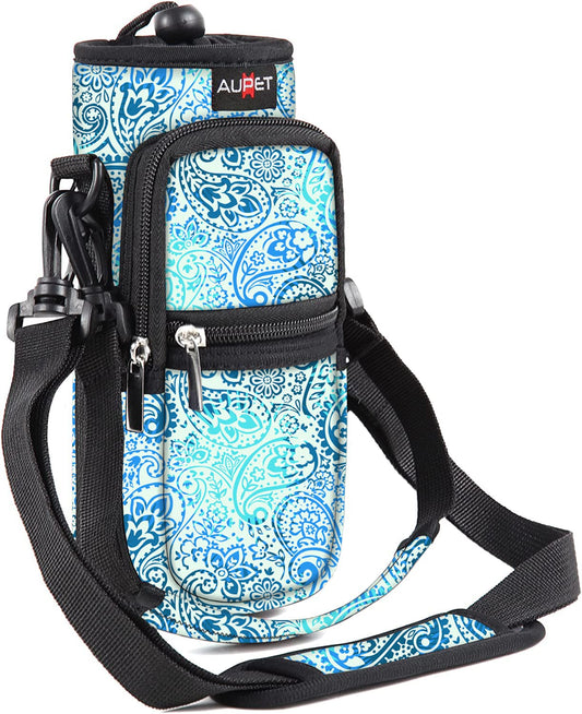 AUPET Water Bottle Sling Bag Sleeve Holder Carrier 25/32/40/64 oz,Insulated Crossbody Water Bottle Case Cover with Strap and Pockets for Men/Women Walking Hiking Camping (25oz, blue feather)