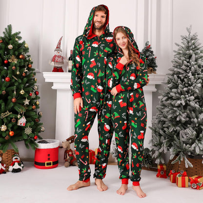 ANGELGGH Family Matching Christmas Onesie Pajamas, Vacation Cute Printed One Piece Pajamas, Xmas Hooded Holiday Sleepwear (Green Elf Hat, 8-10)