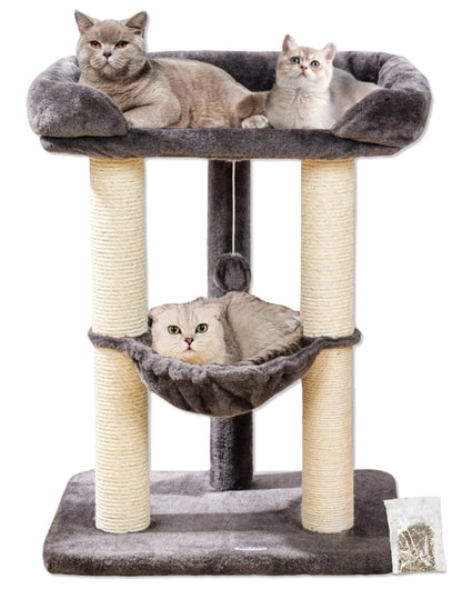 Happi N Pets 28" Cat Tree Tower for Indoor Cats, Tall Cat Scratching Post with Large Bed for Maine Coon Big Cats, Sisal Cat Scratcher with Soft Perch & Hammock, Stable Cat Stand, Removable Cover-Gray