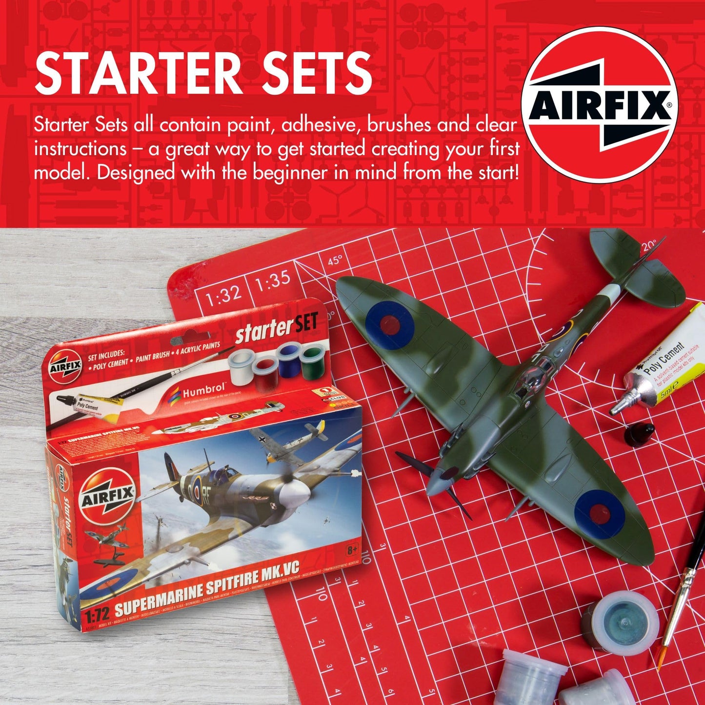Airfix Starter Set - A55001 Supermarine Spitfire MkVc Model Building Kit - Plastic Model Plane Kits for Adults & Children 8+, Set Includes Decals, Paints, Brushes & Poly Cement - 1:72 Scale Model