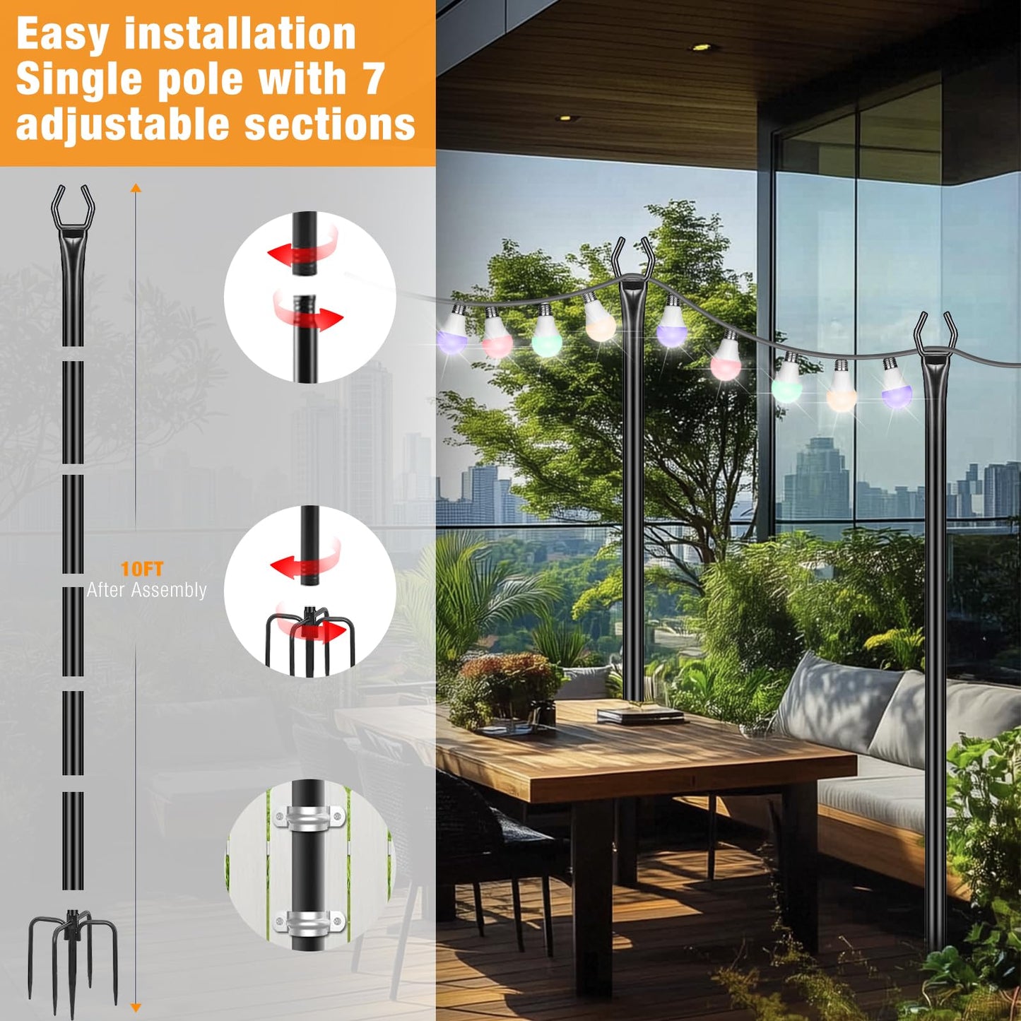 FHNFHN String Light Poles 4 Pack,10FT Metal String Light Poles for Outside, Adjustable Outdoor Poles for Patio, Deck, Garden, Wedding, Backyard, Christmas Party Decor, Sturdy with Hooks