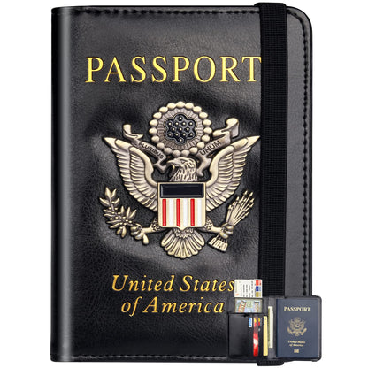Herain Passport Holder Wallet Cover Case for Men Women Family, Metal US Badge Passport Book Holers with RFID Blocking, Travel Essentials Cruise Must Haves
