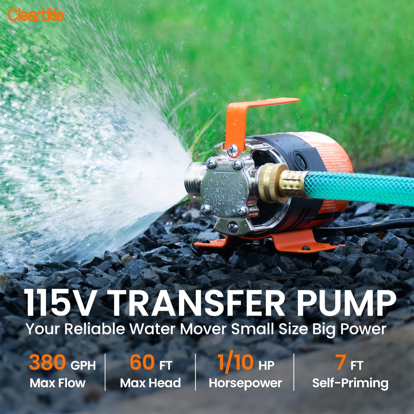 Cleartide Water Transfer Pump 115V, 1/10HP 380GPH Utility Water Pump Electric With 6ft Suction Hose Kit, Portable Small Water Pump For Pool Draining, Removing Water From Rain Barrel, etc.