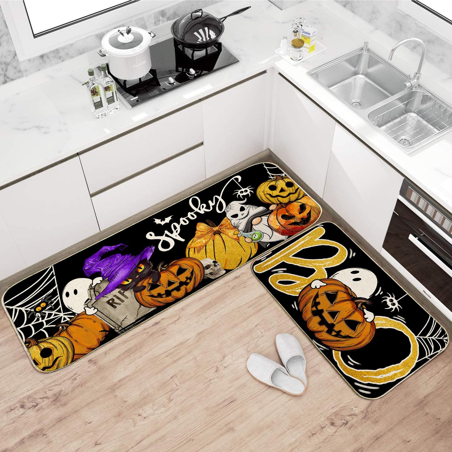 Unibyby Halloween Kitchen Mat Spooky Pumpkins Ghost Halloween Kitchen Mats for Floor, Boo Black Cat Kitchen Rugs and Mats Non Skid Washable Set of 2, Decorative Kitchen Decor 17x29 and 17x47 Inch
