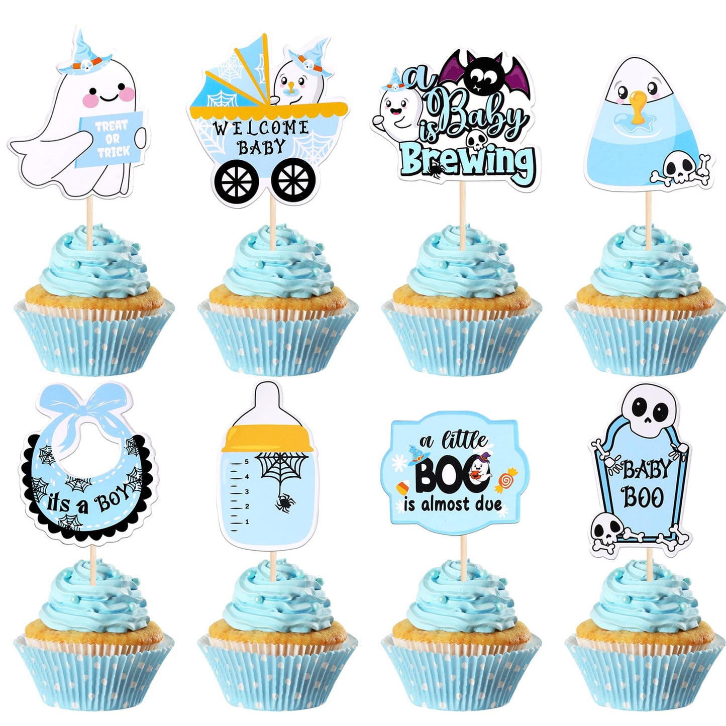 32 PCS Halloween Baby Shower Cupcake Toppers Ghost Bat Welcome Baby Boo Cupcake Picks Baby Carriage Bottle It's a Boy Cake Decorations for Halloween Theme Baby Shower Boys Birthday Party Supplies