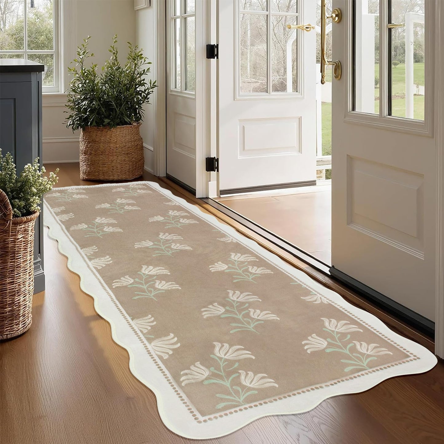 Albodanl Scalloped Floral Kitchen Runner Rug, 2x6 Washable Rug Runners for Hallways Non-Slip, Boho Farmhouse Ultra-Thin Soft Carpet for Bathroom Laundry Entryway