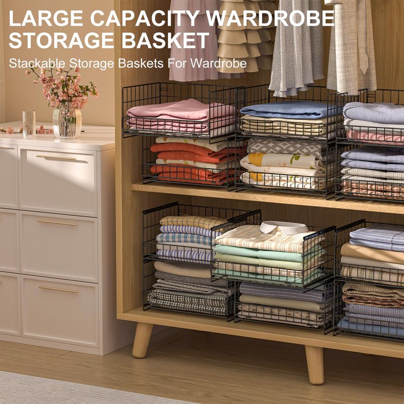 Hongtamoya 4-Tier Sliding Closet Organizers and Storage Shelves, Stackable Closet Shelf Organizer Basket Bins, Drawer Shelf Storage Container for Wardrobe Cupboard Kitchen Bathroom Office, Black