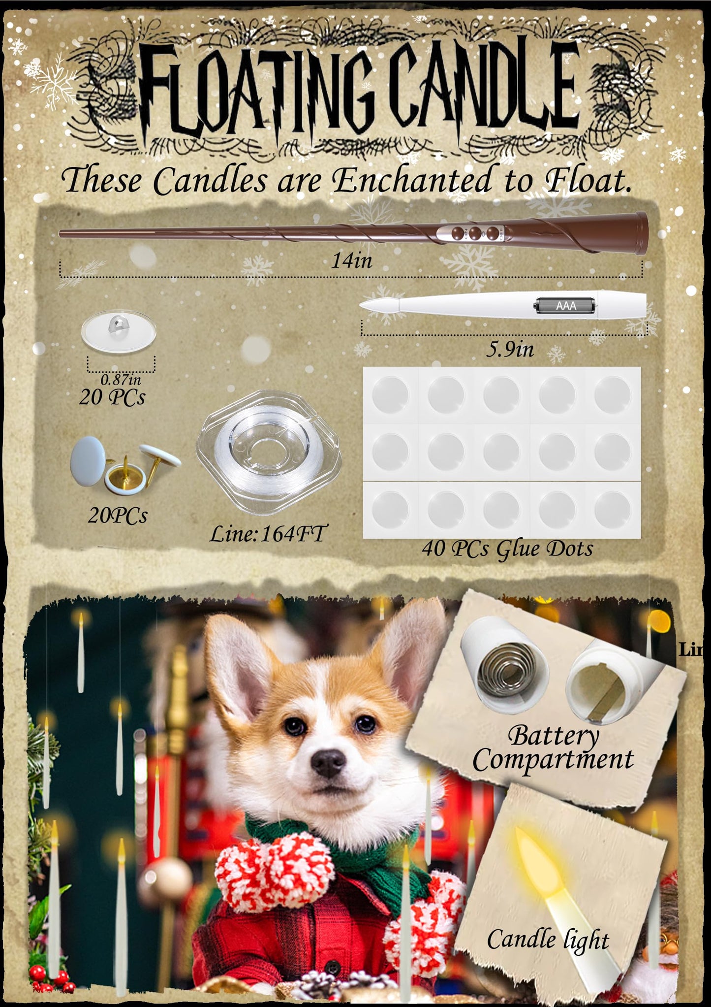 Christmas Decorations, 20 PCs Floating Candles with Wand Magic Hanging Candles, Flickering Warm Light Flameless Floating LED Candle with Wand Remote, Battery Operated Taper Candle Set for Theme Party