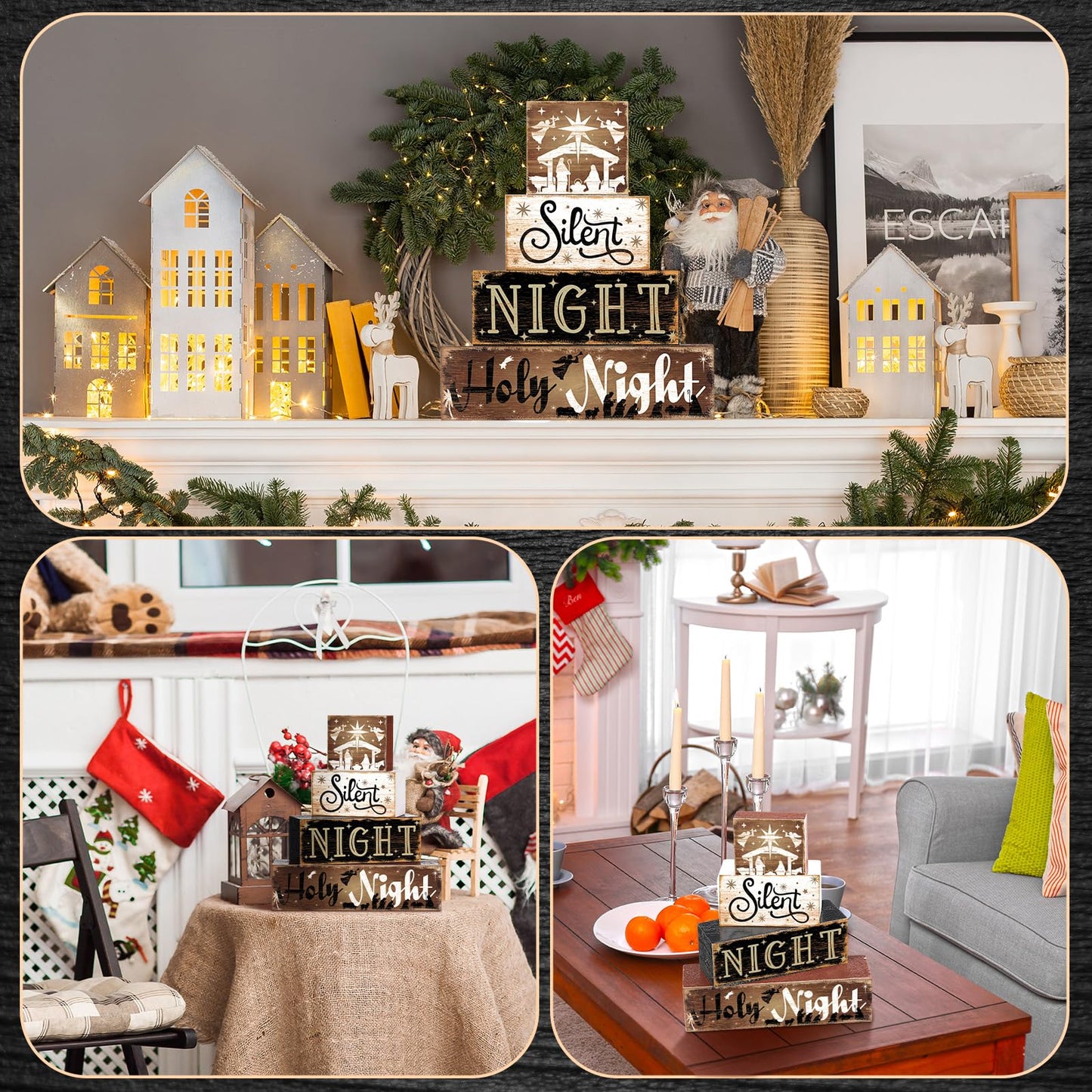 Moucuny 4 Pcs Wooden Christmas Nativity Table Sign Wooden Holy Night Decorative Signage Xmas Tiered Tray Decor Winter Centerpieces Farmhouse Block Set Xmas Table Sign for Home