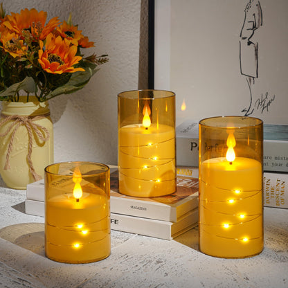 Kiexung Flashing Flameless Candles with String Light, Battery Powered Candle, Recessed String LED Candles, Indestructible Plexiglass Candle with Remote Control, Set of 3, Amber