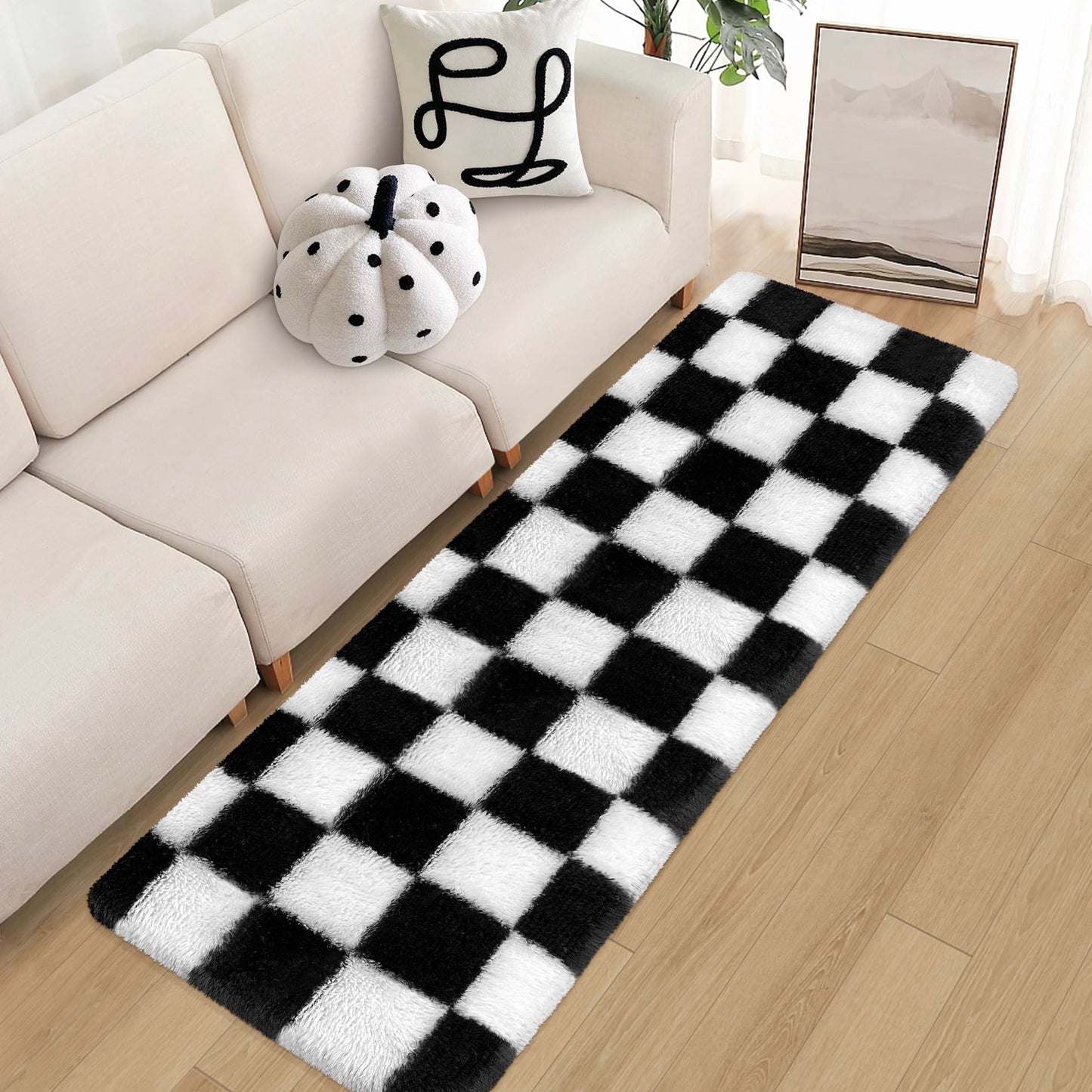 MondayRug Soft Fuzzy Fluffy Rug for Bedroom Living Room Black and White Checkered Rug Shag Runner 2x6 Ft Hallway Runner Plush Shaggy Carpet Non Slip for Bedside Sofa Home Dorm