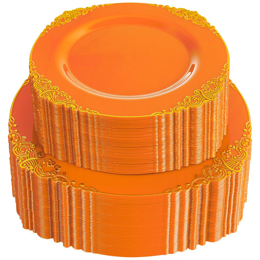Joyido 102PCS Orange Plastic Plates - Orange and Gold Disposable Plates - Party Plate with Gold Rim - Vintage Disposable Plate Serving for 51Guests for Thanksgiving & Halloween Party