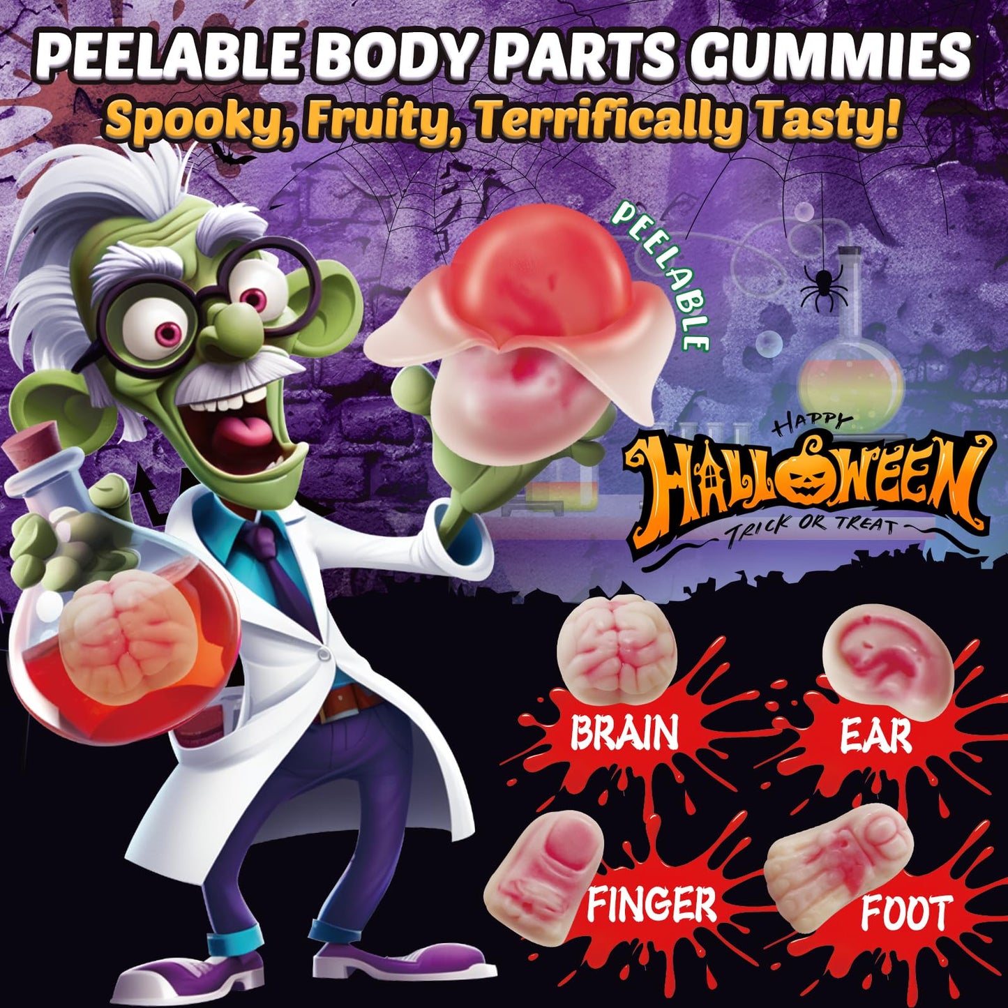 AMOS Halloween Peelerz Body Parts Gummies Candy - Party Treats & Trick or Treat Favors for Kids, Fun Snacks for Adults, Individually Wrapped Pieces, 240g (8.47oz) Bag