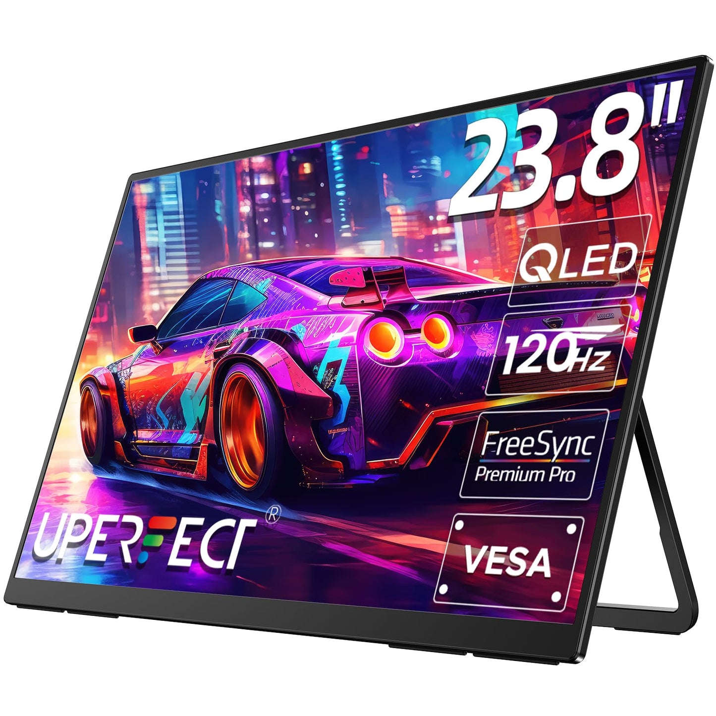 UPERFECT QLED 24” Portable Monitor 120Hz 125% sRGB 400Nits w/Kickstand & VESA, FreeSync HDR Large Gaming Screen with HDMI USB C for Work & Gaming, 3 Narrow Edge External Matte Display for PC Laptop