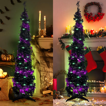 Pop up Christmas Tree for Indoor Decoration,5FT Pre-lit Mini Halloween Tree with 60 Lights,Black Artificial Pencil Tree Collapsible Tinsel Lighted up Christmas Tree