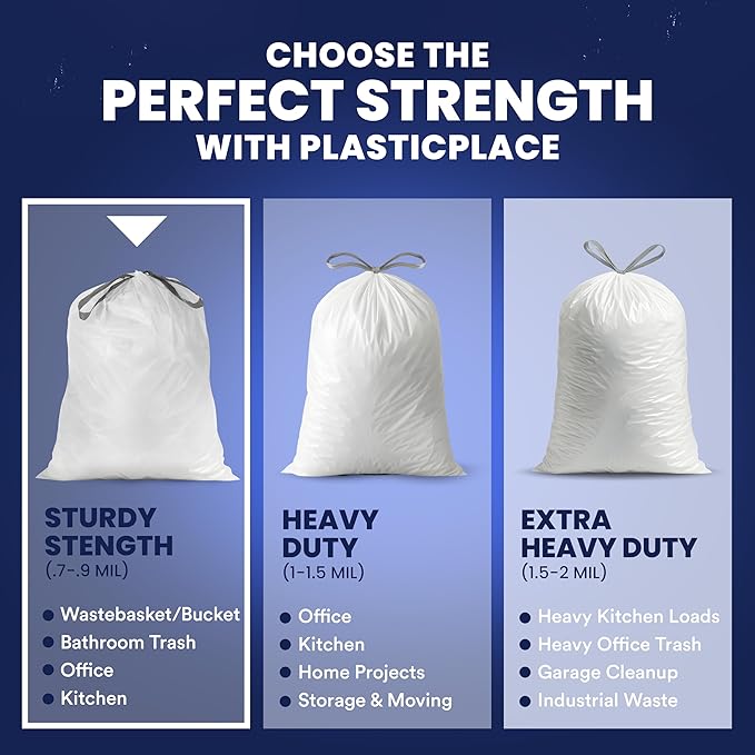 Plasticplace 4 Gallon White Drawstring Trash Bags, – 0.7 Mil Leak-Proof Garbage