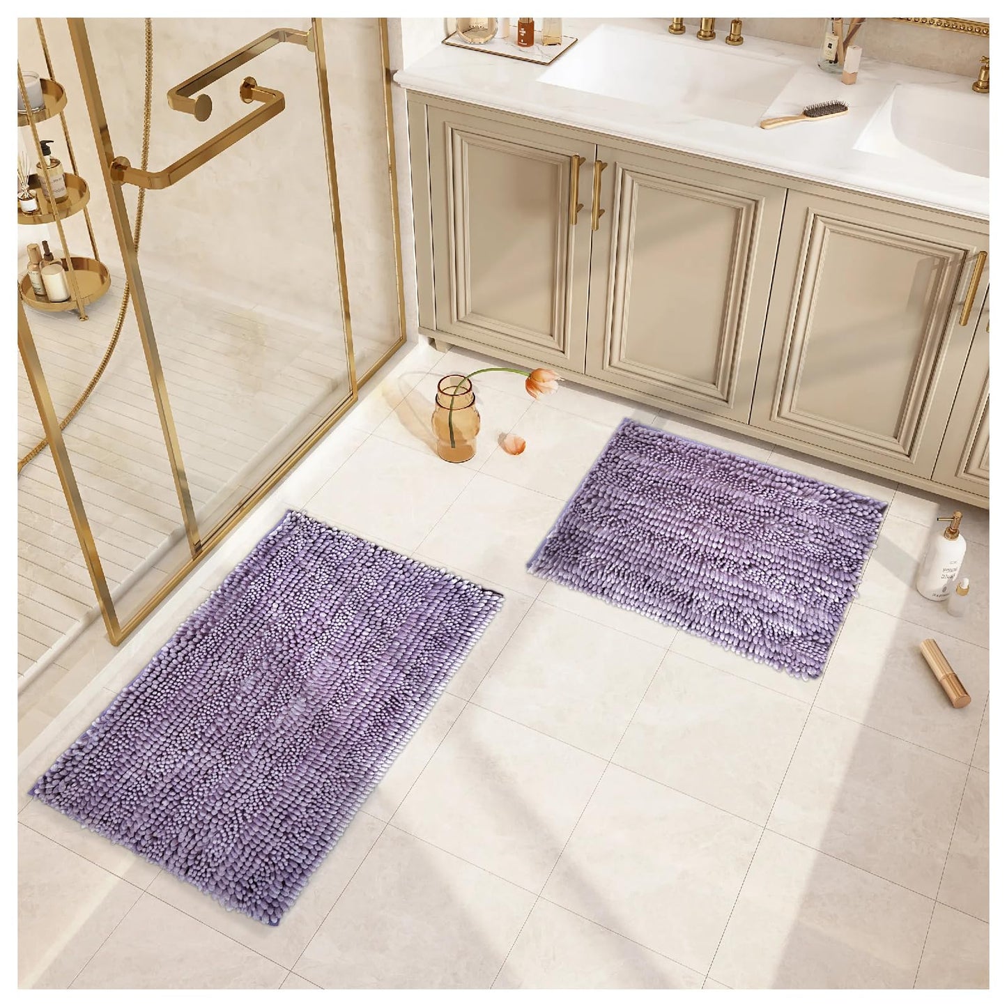 Civkor Bathroom Rugs Set 2 Pieces Light Purple Butter Chenille, Shiny Noodle Bath Mat Rug Set with Non Slip Backing, Super Water Absorbent Machine Washable 31x20 and 24x16 Inch, Lavender