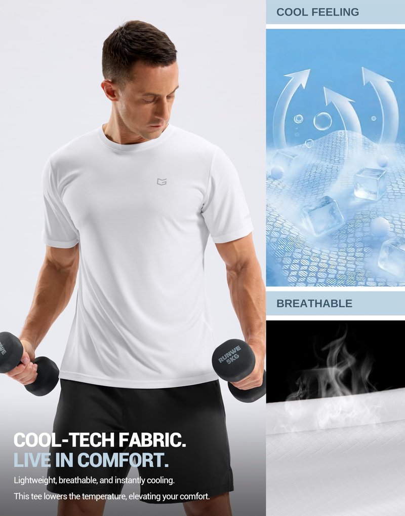 Men's Workout Breathable T-Shirts Dry Fit UPF 50+ Sun Shirts Moisture Wicking Cooling Tee for Athletic, Running, Hiking (White, L)