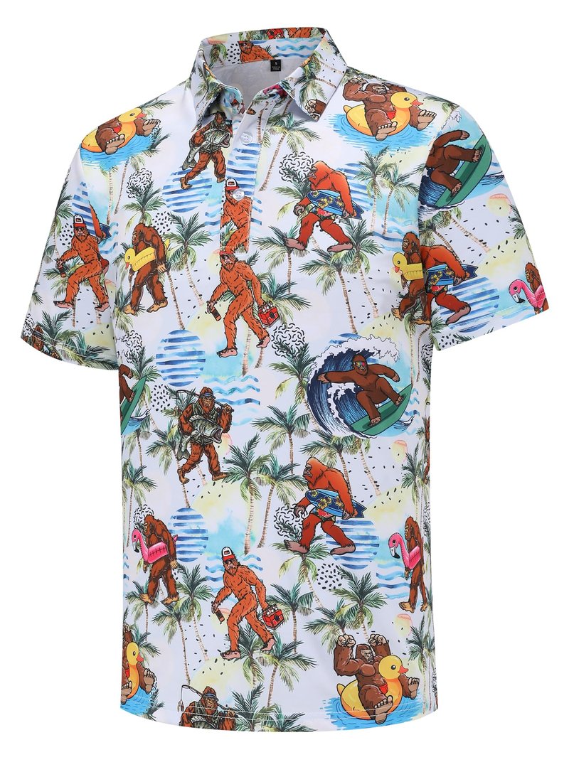 Men's Golf Polo Shirts Funny Golf Shirts for Men Performance Moisture Wicking Quick Dry Athletic Short Sleeve Shirts Hawaiian Tropical Beach Vacation White