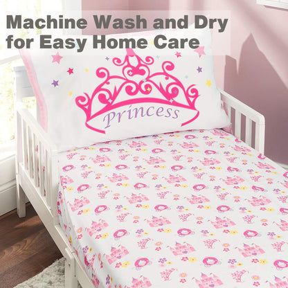 EVERYDAY KIDS Toddler Fitted Sheet and Pillowcase Set -Princess Storyland- Soft Breathable Microfiber Toddler Sheet Set