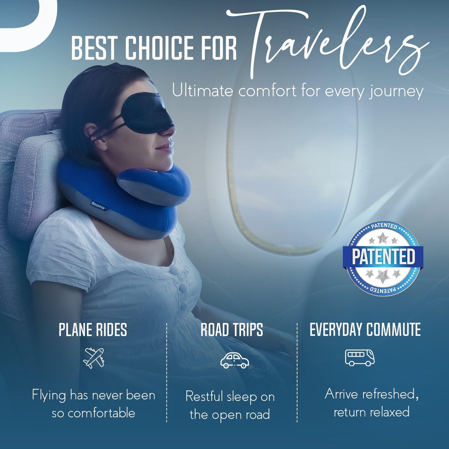 BCOZZY Travel Neck Pillow for Airplane – Patented Double Support for Head, Neck, and Chin. Best for Long Flights, Plane Sleeping, and Car Rides. Adjustable Size. Fully Washable. Carry Bag. Large, Gray