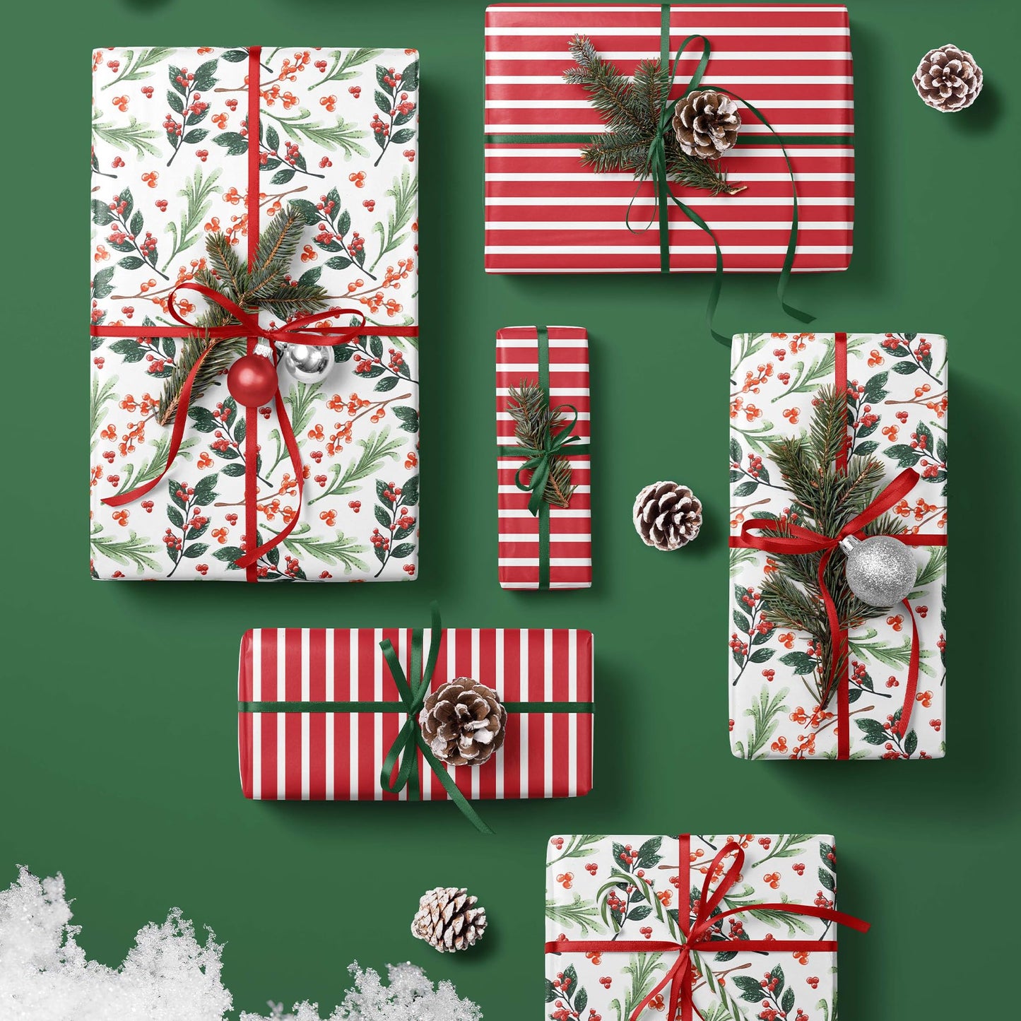 LaRibbons Reversible Christmas Wrapping Paper Roll, Vintage Red Berries & Red Stripe Gift Wrap for Christmas, Season Party, Xmas, 17 Inch x 33 Feet