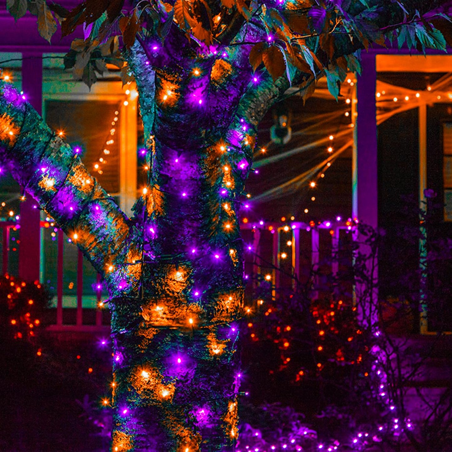 4pk Orange and Purple Solar Halloween Lights Outdoor Waterproof, 400LED 132FT Solar Powered LED String Lights Black Wire with 8 Modes, Solar Fairy Lights for Halloween Horror Party Tree Wedding Decor