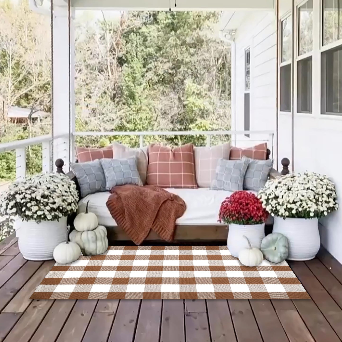 Buffalo Plaid Outdoor Rugs, 4'x6' Coffe and White Checkered Area Rug, Layering Rug for Hello/Welcome Door Mat, Washable Cotton Woven Farmhouse Mat for Front Porch Décor