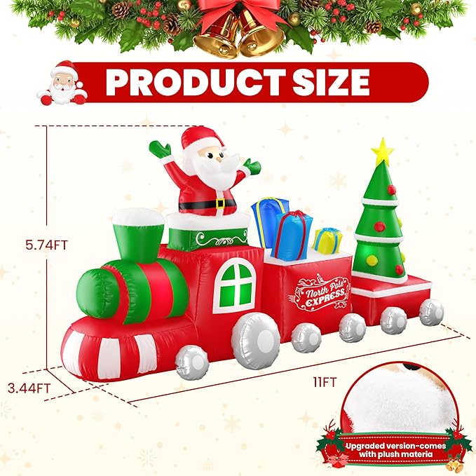 11 FT Deluxe Christmas Inflatables Train with Santa Claus, Gift Box, Christmas Tress, Built-in LED Lights, Blow Up Lovely Train Carriage for Christmas Party Holiday, Outdoor Garden Lawn Yard Decor