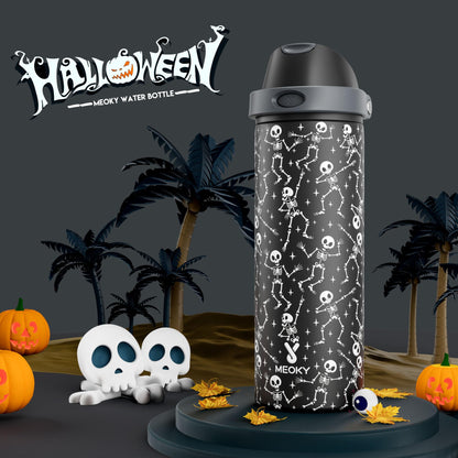 24 oz Halloween Insulated Water Bottle: Meoky Stainless Steel Water Bottle with 2-in-1 Straw Lid - Leak Proof, Cold for 24 Hours, Protective Silicone Base, Halloween Gifts for Women Men, Pop Skull