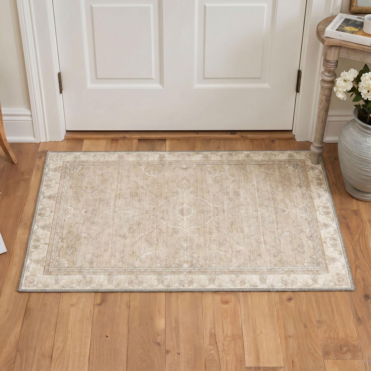 GENIMO 2X3 Area Rugs for Entryway, Non Slip Machine Washable Low Pile Rug for Bedside, Soft Stain Resistant Entrance Doormat, Warm Beige