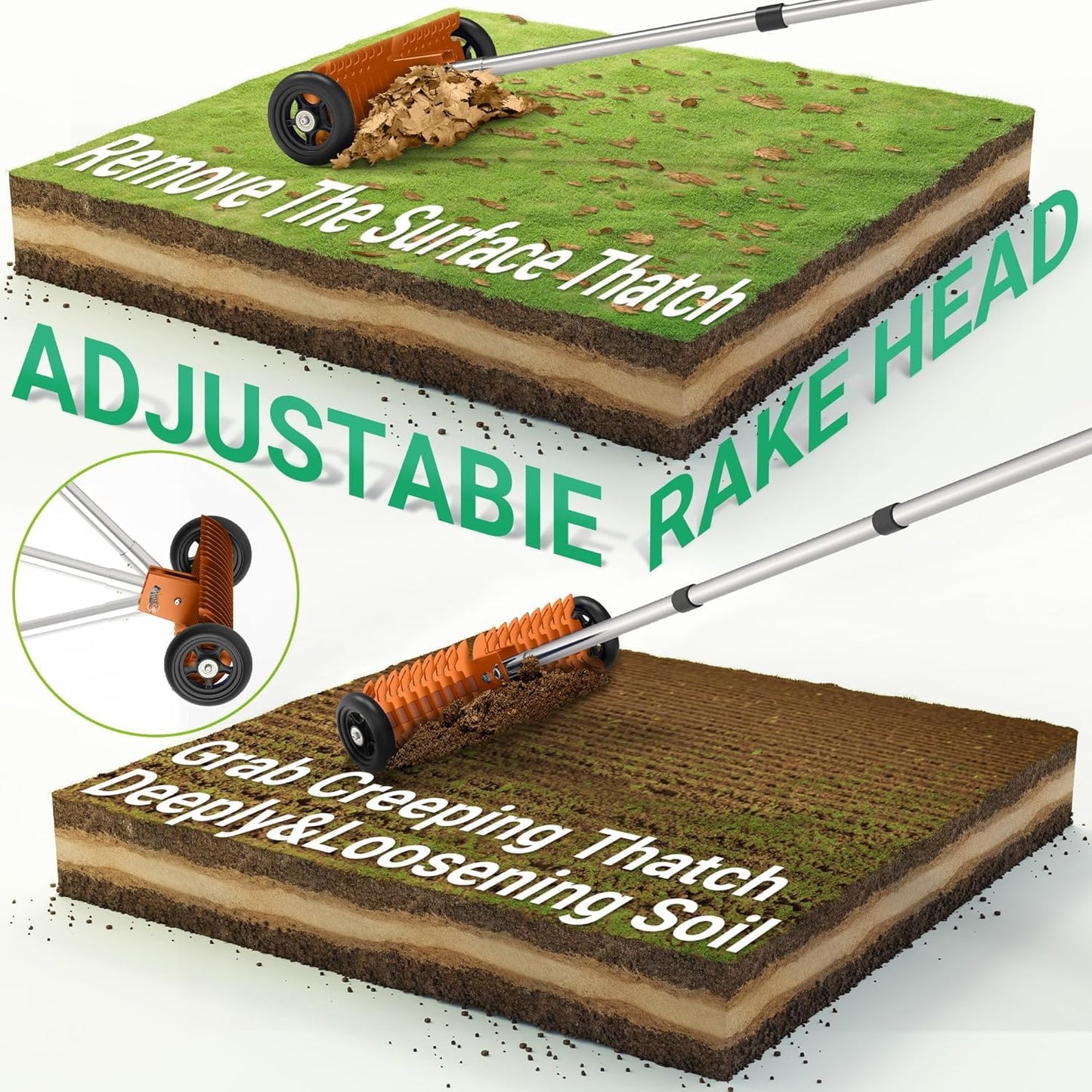 Thatch Rake for Lawn, 15-Inch Dethatcher Rake with Rolls Efficient Steel Metal Rake, Adjustable 0-15°, 38-68 Inch Handle, Heavy-Duty Thatching Rakes for Cleaning Dead Grass, Yard Garden Care