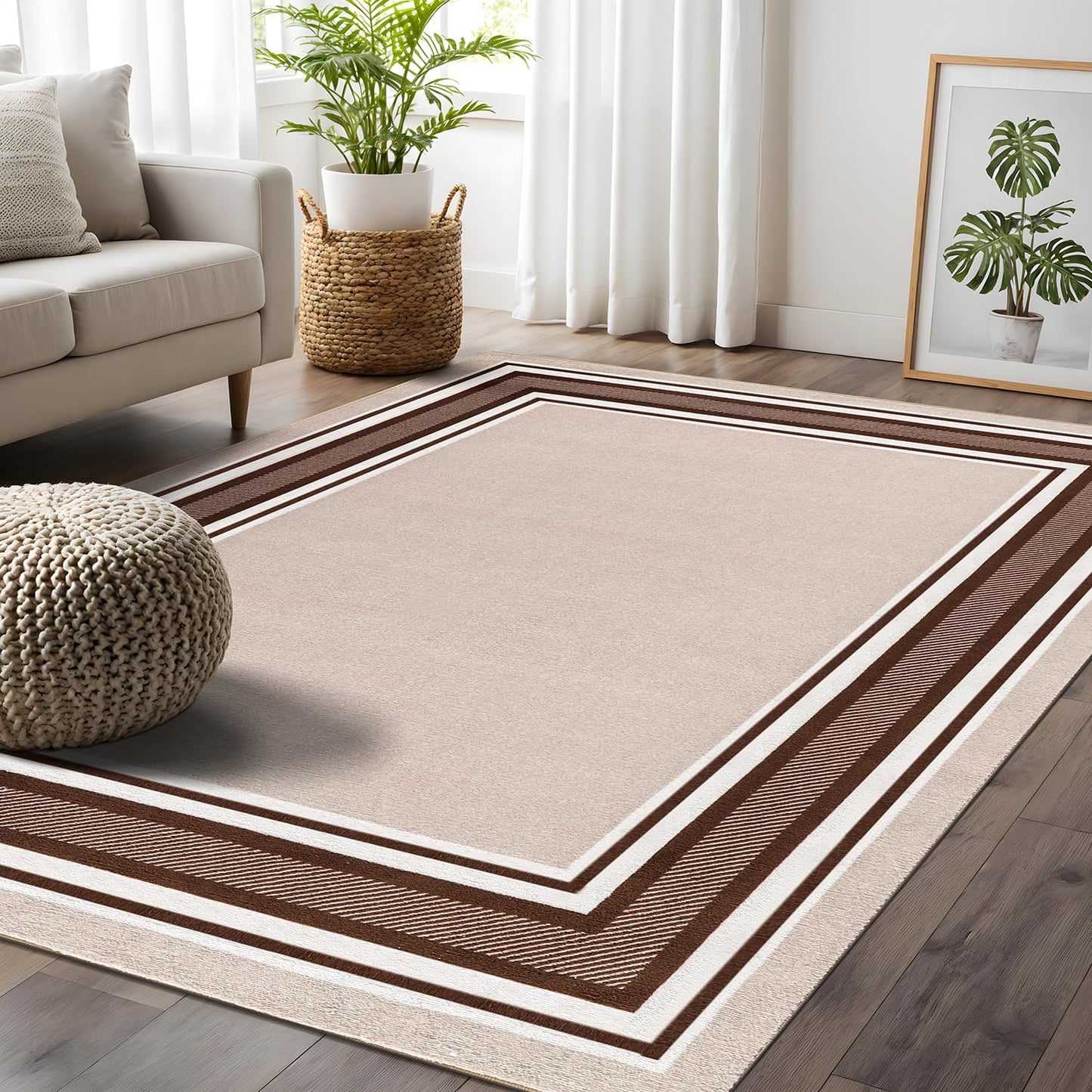 Beverly Rug Non Slip Area Rugs 5x7 Modern Bordered Non Skid Rubber Backing Soft Area Rug for Living Dining Room Easy to Clean Non Shedding Kitchen Bedroom Indoor Carpet 5 x 7 Beige-Brown