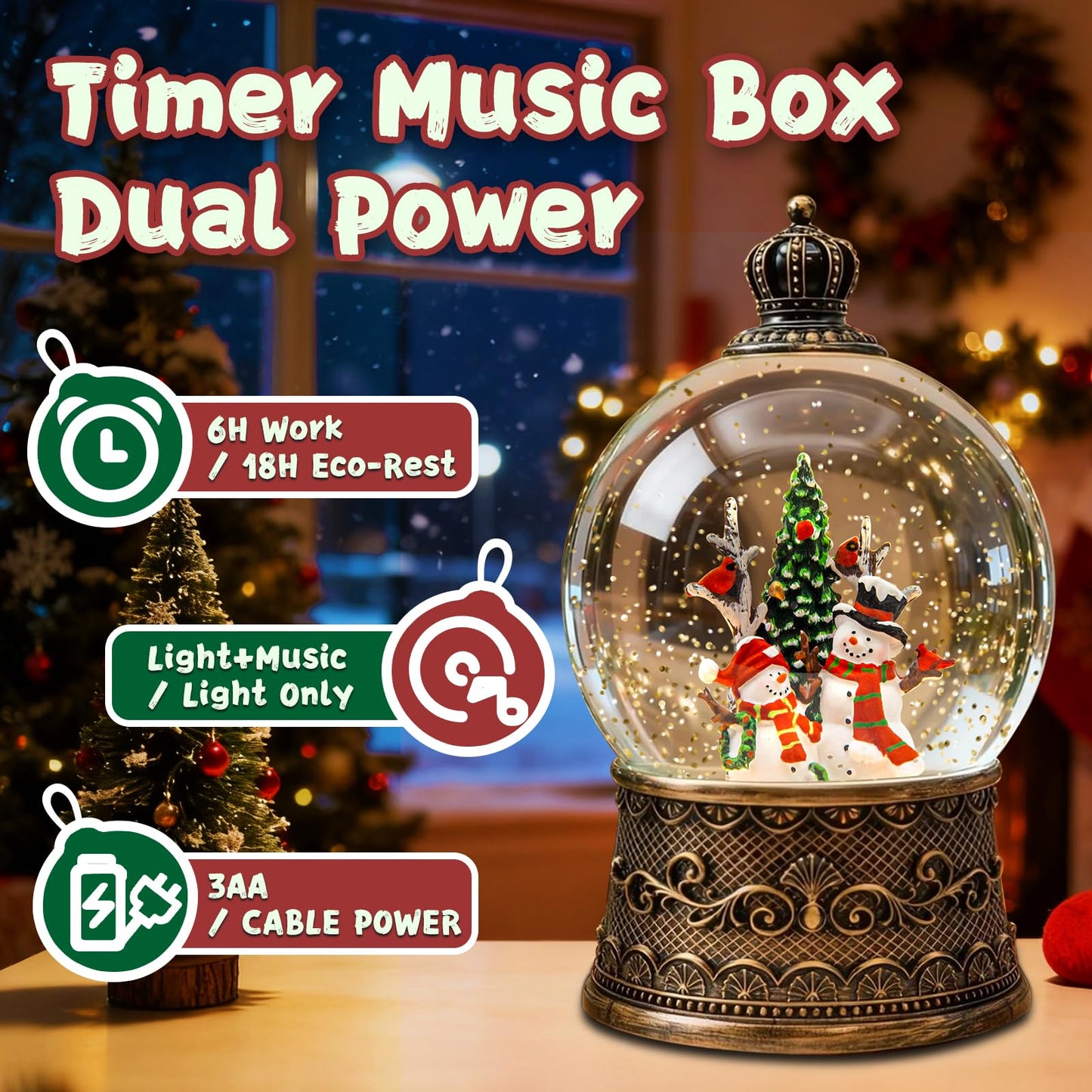 Christmas Snow Globes Lantern, Snowman and Christmas Tree Christmas Decorations Indoor, 6H Timer Battery & USB Powered Light Up Musical Snow Globes for Kids Women Adults Gift Thanksgiving Home Decor