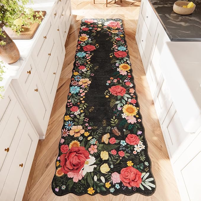 Kitchen Rug Runners for Hallways: 2'6''x10' Washable Runner Rugs for Kitchen Ultra Thin Stain Resistant Non Slip Low Pile Lightweight Vintage Floral Carpet for Farmhouse Decor (Black)