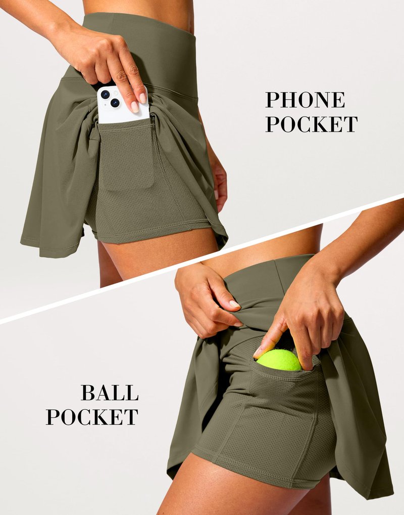 SANTINY 14" Tennis Skirt Golf Skorts with Pockets Tummy Control Shorts Pleated Skirts for Women Athletic Dressy Casual (Olive_M)