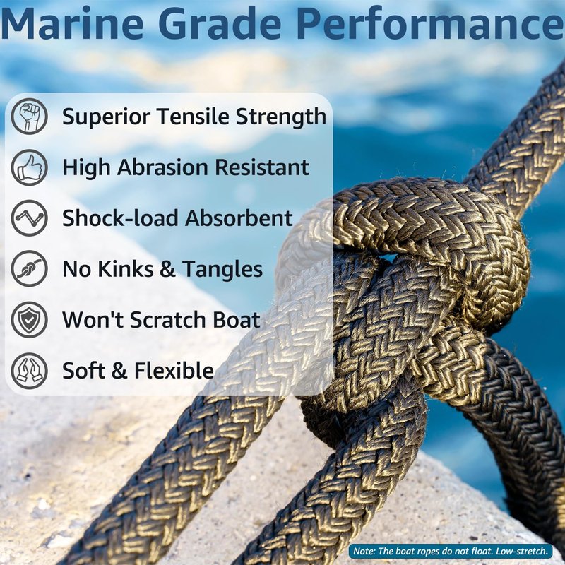 PACTHSD 2 Pack 1/2" x 15' Dock Lines - Marine Grade Nylon Boat Rope with 12" Loop for Docking and Mooring - Double Braided Boat Lines, High Strength, Easy Handling, Fray Resistant - Black