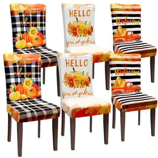 Preboun Fall Chair Covers Set of 6 Thanksgiving Dining Protector Stretch Autumn Pumpkin Truck Maple Leaves Slipcovers Removable Washable for Dining Hotel Party Wedding