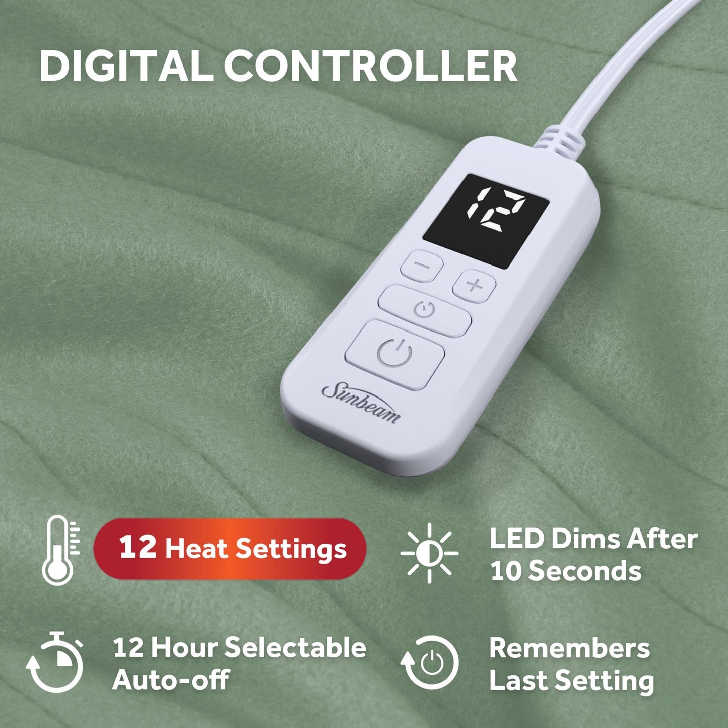 Sunbeam Royal Ultra Fleece Heated Electric Blanket King Size, 90" x 100", 12 Heat Settings, 12-Hour Auto Shut-Off, Machine Washable, Pebble Beige