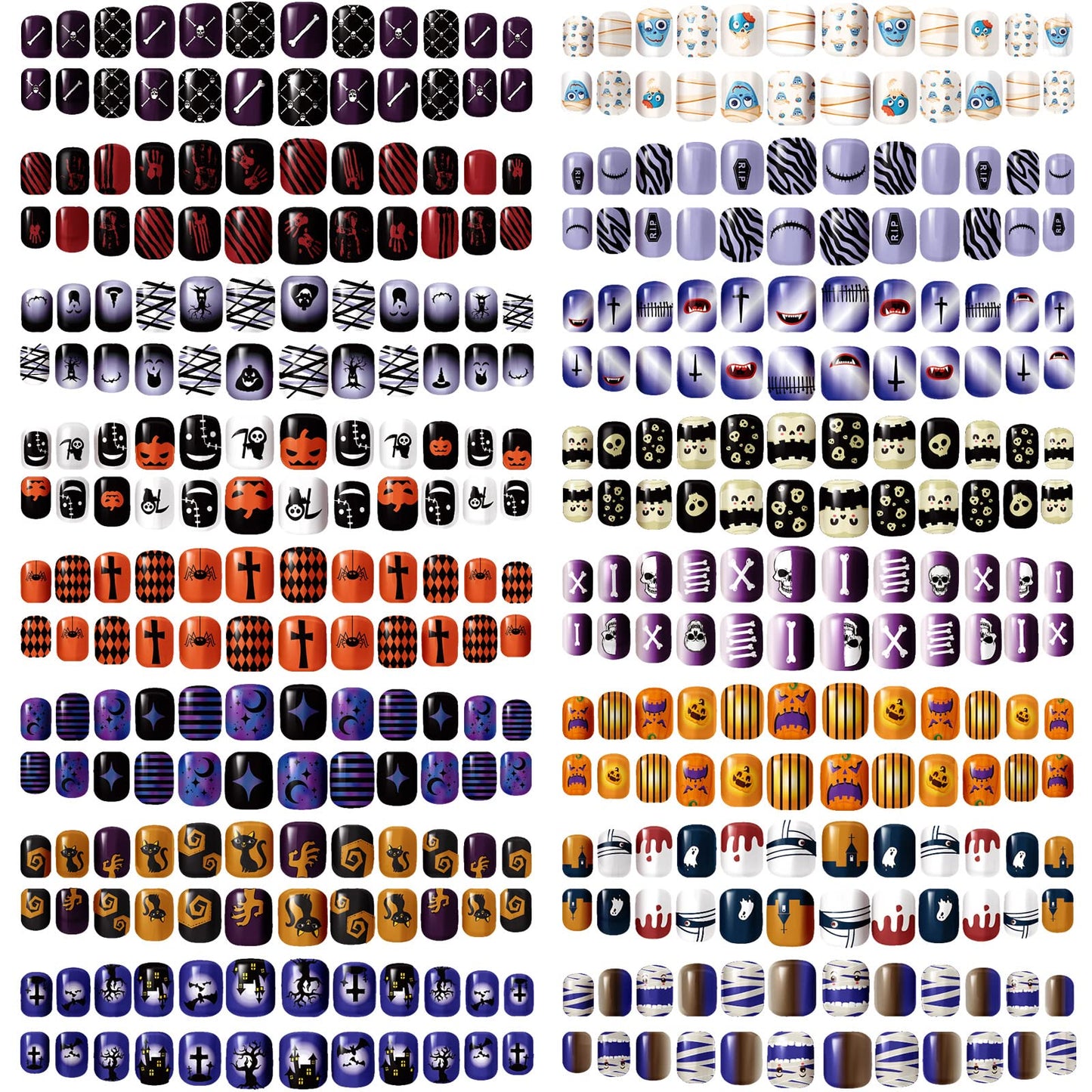 384 Pcs 16 Pack Halloween Press on Nails Halloween Short Fake Square False Nails Plastic Artificial Nail Tips Full Cover Coffin with Ghost Pumpkin Spider Pattern for Women(Fresh Pattern)