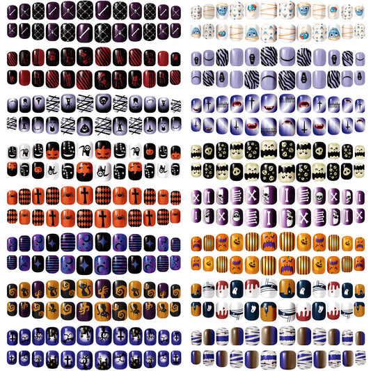 384 Pcs 16 Pack Halloween Press on Nails Halloween Short Fake Square False Nails Plastic Artificial Nail Tips Full Cover Coffin with Ghost Pumpkin Spider Pattern for Women(Fresh Pattern)