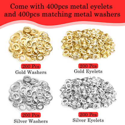 803Pcs Grommet Eyelet Pliers Kit, 1/4 Inch 6mm(Inside Diameter) Grommet Tool Kit with 800 Metal Eyelets with Washers in Gold and Silver, Eyelet Grommet Hand Press kit for Leather/Belt/Shoes/Crafts
