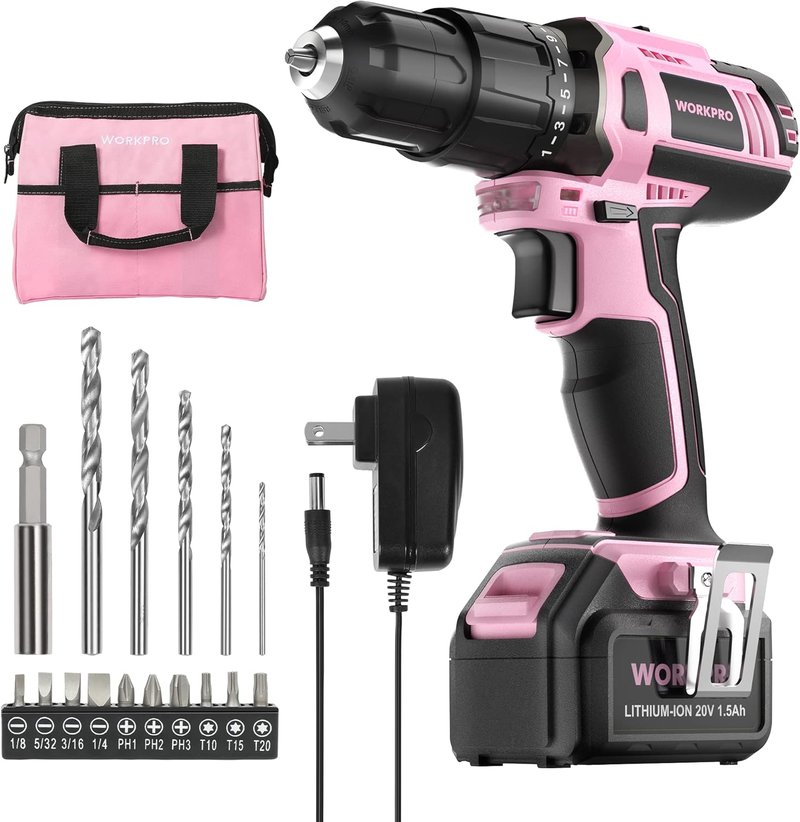 WORKPRO Pink Cordless 20V Lithium-Ion Drill Driver Set | Includes Battery, Charger & Storage Bag